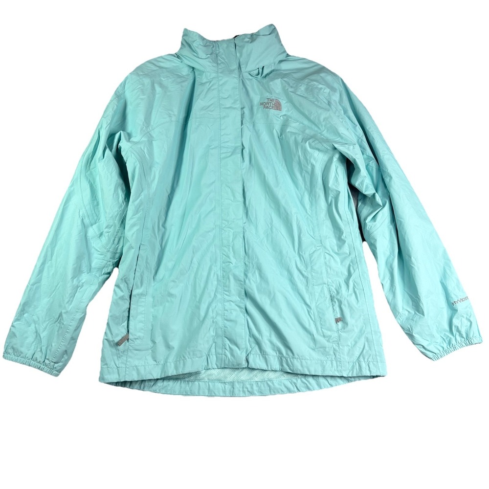 North Face Hydravent Rain Jacket Girls 18 Teal Blue Hood Wind Breaker EUC